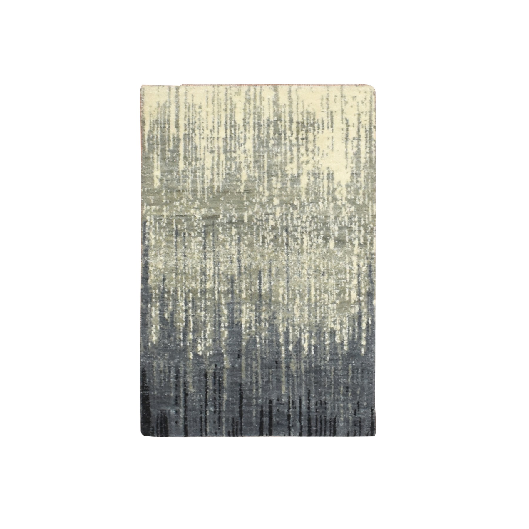 2'x3' Gray and Black, Vertical Ombre Design, Densely Woven, Pure Wool, Hand Knotted, Sample, Mat, Oriental Rug 
